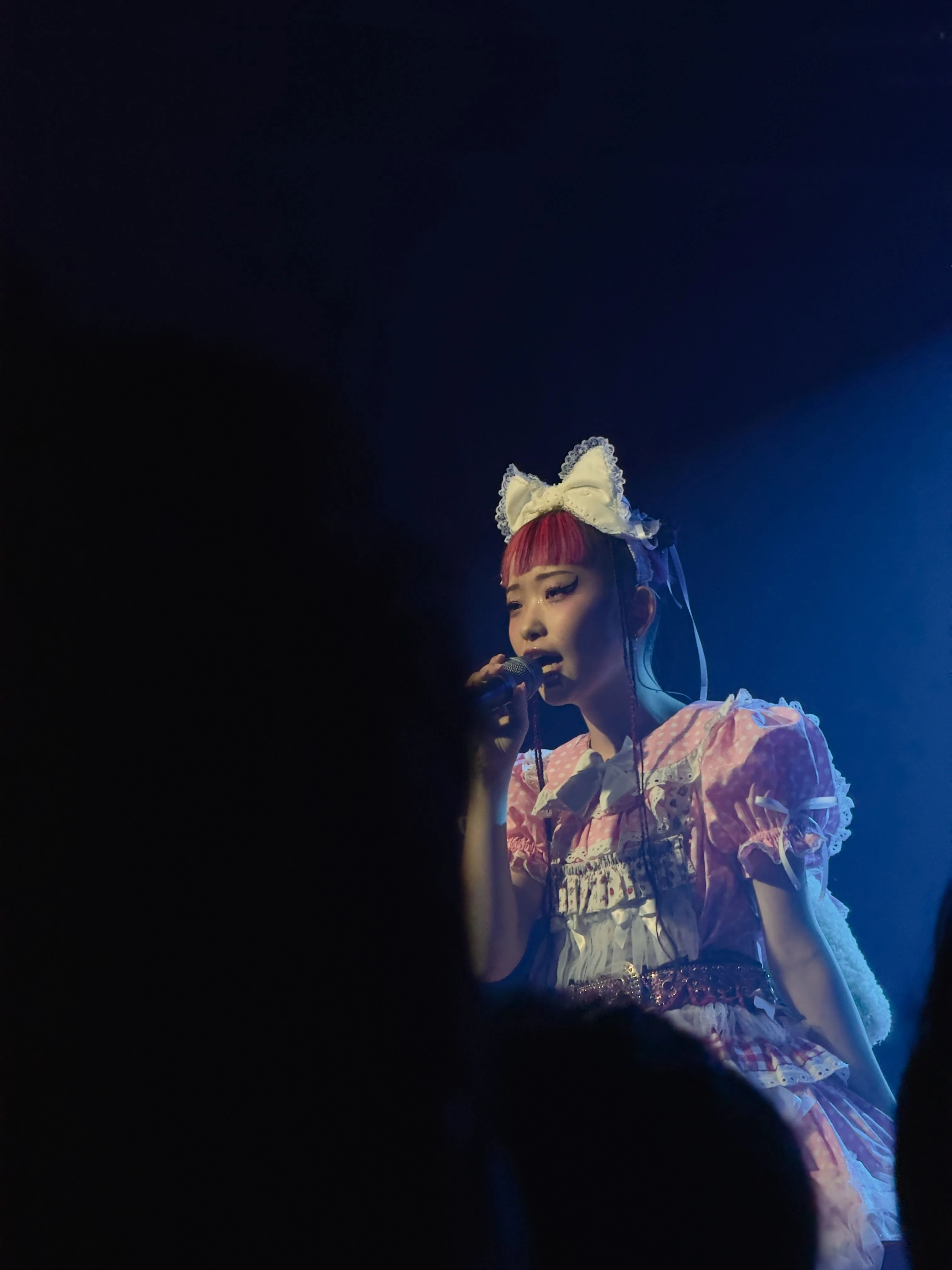 롤리타 패션 복장을 한 WEDNESDAY CAMPANELLA(수요일의 캄파넬라)의 우타하가 마이크를 잡고 노래를 부르고 있다.